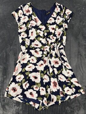 Floral Navy Wrap Romper with Tie Waist